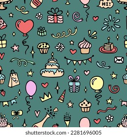 Happy Birthday seamless pattern with hand drawn doodles. Cute design for textile, wallpaper, wrapping paper.