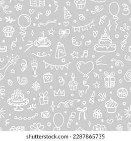 Happy Birthday seamless pattern with hand drawn doodles. Cute design for textile, wallpaper, wrapping paper.