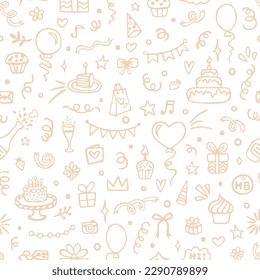 Happy Birthday seamless pattern with hand drawn doodles. Cute design for textile, wallpaper, wrapping paper.