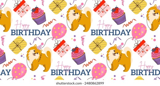 Happy Birthday seamless pattern in hand-drawn style with doggy Pomeranian Spitz, gift, ballon and cupcake. Vector background texture for cover, wrapping paper, package, invitation, greeting card.