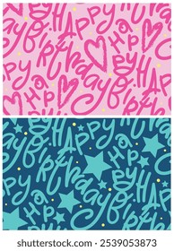 Happy birthday seamless pattern. Lettering ornament. Letters typography happy birthday for boy and girl textile, wrapping paper. Abc print for celebrating party.