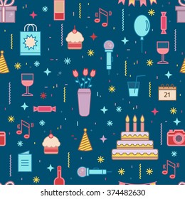 Happy Birthday seamless pattern. Line style vector illustration.
