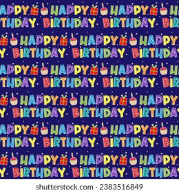 happy birthday seamless pattern on blue color background suitable for giftwrap, background and more