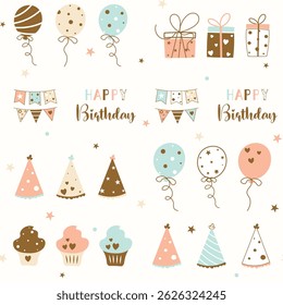happy birthday  seamless pattern, birthday seamless pattern, packaging, wrapping paper, textile, fabric, celebration,, party, gift, decoration, balloons, gift