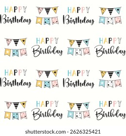 happy birthday  seamless pattern, packaging,
wrapping paper, textile, fabric, celebration, hat, party, balloons, gift, decoration , happy birthday typographic, letters