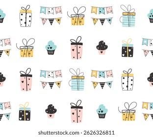 happy birthday  seamless pattern, packaging,
wrapping paper, textile, fabric, celebration, hat, party, balloons, gift, decoration