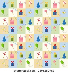 Happy birthday seamless pattern. Party cap, lollipop and piece of cake, confetti and balloon, gift box. Pattern of colored blocks. Vector with squares. For packaging, textiles, wrapping paper and