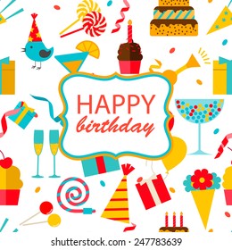 Happy birthday seamless pattern with party and celebration design elements, icons and objects: balloons, confetti, cake, drinks, sweets, gifts etc., vector illustration 