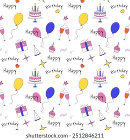 Happy birthday seamless pattern with party elements such as balloons, cakes with candles, gift boxes, party hats, cupcakes, and champagne glasses. Vector art.