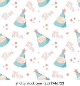 Happy birthday seamless pattern. Party hats vector background. Cartoon hand drawn illustration. Retro 50s, 60s style. Cute birthday cone capsv with pompon. Festive pattern for packaging, prints