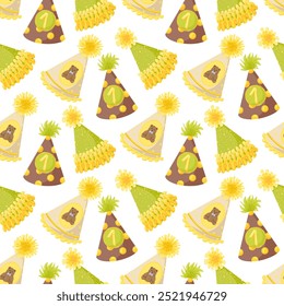 Happy birthday seamless pattern. Party hats vector background. Cartoon hand drawn illustration. Retro 50s, 60s style. Cute birthday cone caps with pompon. Festive pattern for packaging, prints