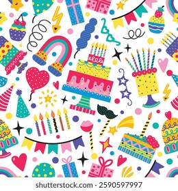 Happy Birthday seamless pattern. Party decoration, gift box, cake, party. Hand drawn elements. Vector illustration