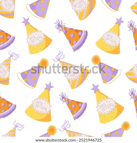 Happy birthday seamless pattern. Party hats vector background. Cartoon hand drawn illustration. Retro 50s, 60s style. Cute birthday cone caps with pompon. Festive pattern for packaging, prints