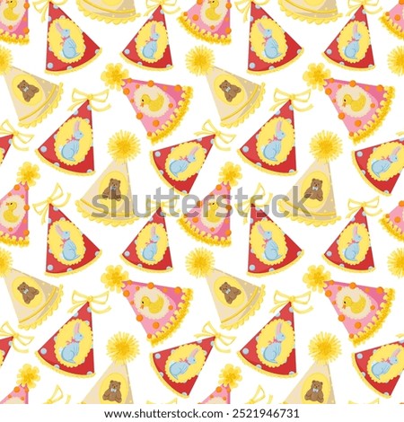 Happy birthday seamless pattern. Party hats vector background. Cartoon hand drawn illustration. Retro 50s, 60s style. Cute birthday cone caps with pompon. Festive pattern for packaging, prints