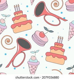 Feliz cumpleaños. Patrón inexpugnable de colores pastel niños niños postre comida productos horneados moda niños de moda cuento de hadas decoración flaute café tienda. Imagen vectorial. 