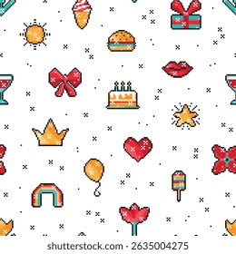 Feliz aniversário sem emenda padrão. Pixel Art Beleza Festa De Aniversário Itens. Ícones de pixel de 8 bits Fundo festivo. Ilustração vetorial