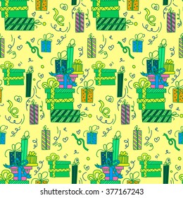 Happy Birthday Seamless Pattern with Presents for Children Party. Vector illustration