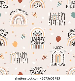 Happy Birthday nahtloses Muster mit Regenbogen und Schildern