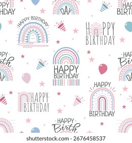 Happy Birthday seamless pattern with rainbow and signs