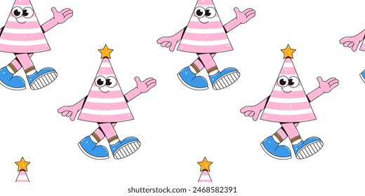Happy birthday seamless pattern in retro groovy style. Vintage characters. Vector illustration.