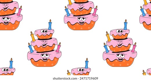 Happy birthday seamless pattern in retro groovy style. Vintage characters. Vector illustration.