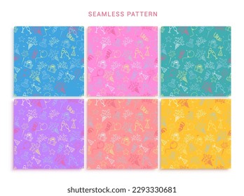 Happy birthday seamless pattern set design. Birthday gift wrap seamless and endless print for bday collection. Vector illustration celebration and holiday design.