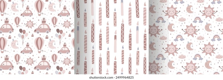 Happy birthday seamless pattern set in flat design. Childrens birthday party elements collection. Beige pastel vintage colors. Cartoon vector illustration.
