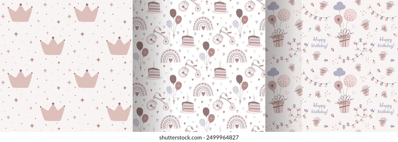 Patrón sin fisuras de feliz cumpleaños en diseño plano. Colección de Elementos de fiesta de cumpleaños para niños. Colores vintage pastel beige. Ilustración vectorial de dibujos animados.

