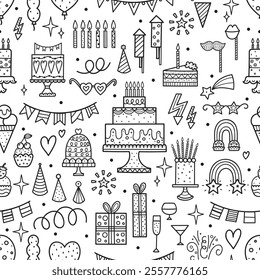 Happy Birthday seamless pattern. Sketch party decoration, gift box, cake, party. Hand drawn elements. Vector line illustration