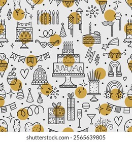 Happy Birthday seamless pattern. Sketch party decoration, gift box, cake, party. Hand drawn elements. Vector line illustration