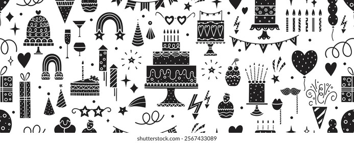 Happy Birthday seamless pattern. Sketch party decoration, gift box, cake, party. Hand drawn elements. Vector line illustration