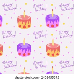 Feliz cumpleaños sin problemas. Patrón de cumpleaños de vectores sin fisuras con pastel, vela, letras para postales, pegatinas e impresión. Ilustración plana dibujada a mano.