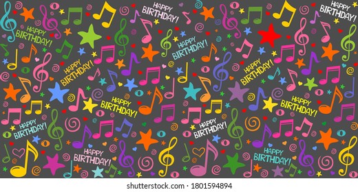 ¡Feliz cumpleaños! Papel de pared de un patrón incomparable de notas musicales coloridas, caja de regalo, estrellas, corazones. Ilustración vectorial
