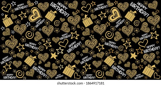 Happy birthday! Seamless pattern wallpaper of heart, gift box, stars. Seamless pattern for greetings card, invitation, poster, banner, calendar. Horizontal card format for web banner or header. Vector