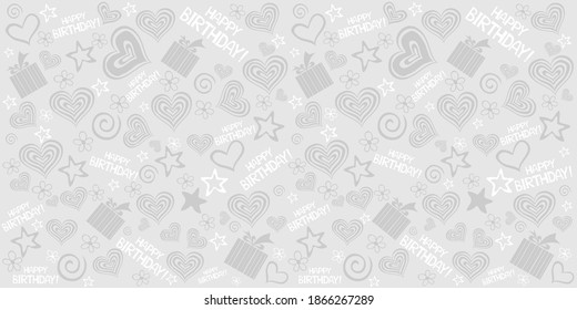 Happy birthday! Seamless pattern wallpaper of heart, gift box, stars. Seamless pattern for greetings card, invitation, poster, banner, calendar. Horizontal card format for web banner or header. Vector