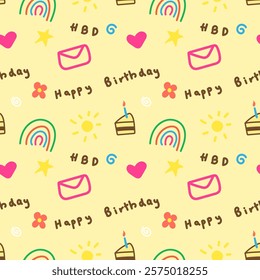 Happy birthday seamless pattern.Cute colorful hand drawn doodles icon repeat pattern isolated on yellow background for HBD.Vector graphic illustration.