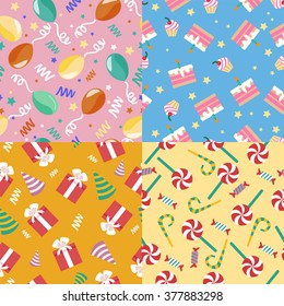 Happy Birthday Seamless Patterns Set with Cakes, Presents and Balloons for Children Party. Vector illustration