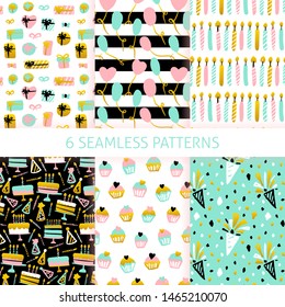 Happy Birthday Seamless Patterns. Vector Illustration of Trendy Greeting Background.