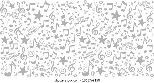 Happy birthday! Seamless silver pattern wallpaper of musical notes, stars, hearts. Horizontal posters, greeting cards, header, website. Horizontal banner. Vector Illustration