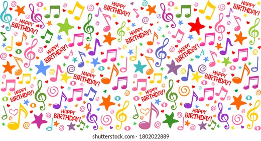 Happy Birthday! Seamless White Pattern Wallpaper Of Colorful Musical Notes, Gift Box, Stars, Hearts. Horizontal Banner. Vector Illustration