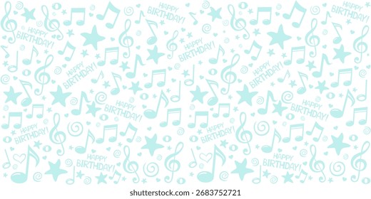 Happy birthday! Seamless white pattern wallpaper of  mint musical notes, gift box, stars, hearts. Horizontal posters, greeting cards, header, website. vector Illustration