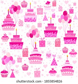 Happy birthday. Seamless wrapping paper. Menu design. Template for a baking shop, cafe. Seamless pattern with cupcakes. Delicious birthday party cupcakes with fruits whipped cream. Vector Illustration