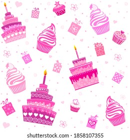 Happy birthday. Seamless wrapping paper. Menu design. Template for a baking shop, cafe. Seamless pattern with cupcakes. Delicious birthday party cupcakes with fruits whipped cream. Vector Illustration