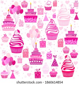 Happy birthday. Seamless wrapping paper. Menu design. Template for a baking shop, cafe. Seamless pattern with cupcakes. Delicious birthday party cupcakes with fruits whipped cream. Vector illustration