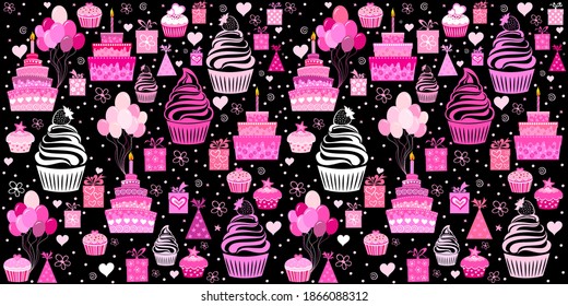 Happy birthday. Seamless wrapping paper. Menu design. Template for a baking shop, cafe. Seamless pattern with cupcakes. Delicious birthday party cupcakes with fruits whipped cream. Vector Illustration