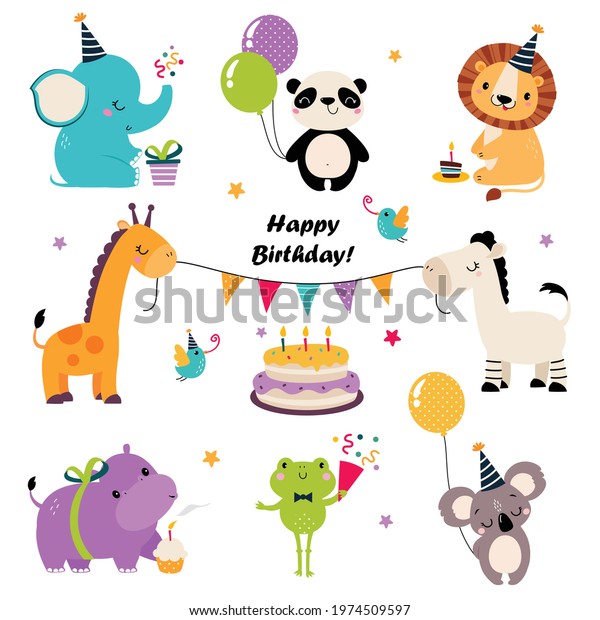 Happy Birthday Set Adorable Baby Animal Stock Vector (Royalty Free ...
