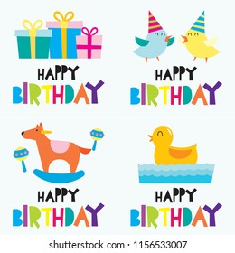 Happy Birthday - Set of baby and children colorful birthday card and greeting, invitation series.