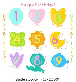 Happy Birthday set with balloons. Cute illustration of balloons with numbers from one to nine in cartoon style.