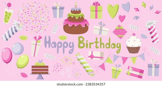 Happy birthday set in barbiecore style. Make up, cosmetics, take care time. Glam and retro style for product design in pink, purple and lime colours. Bright colourful vector illustrations.	