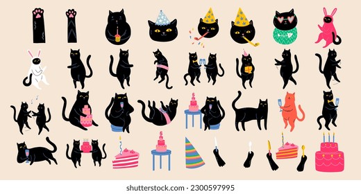 Happy Birthday Set with Black Cats. Cute celebrating kitten characters